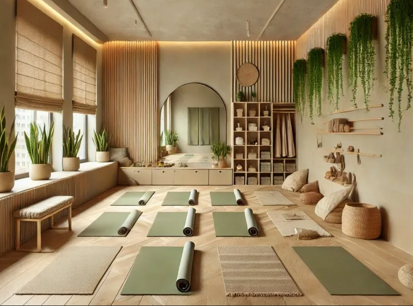 Calm yoga studio interior with props and canal-inspired colors.
