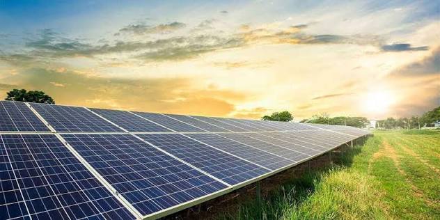 Large commercial solar panel array under clear daylight