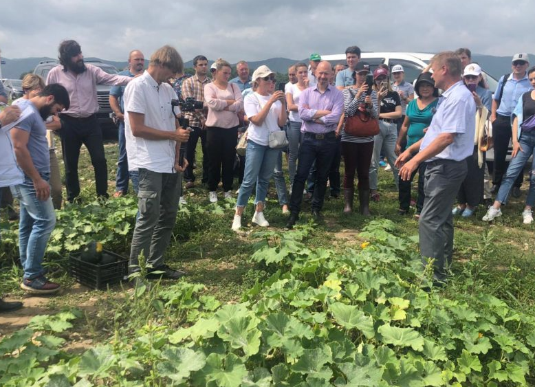 Farm planning table with produce, irrigation sketches and organic cultivation documents