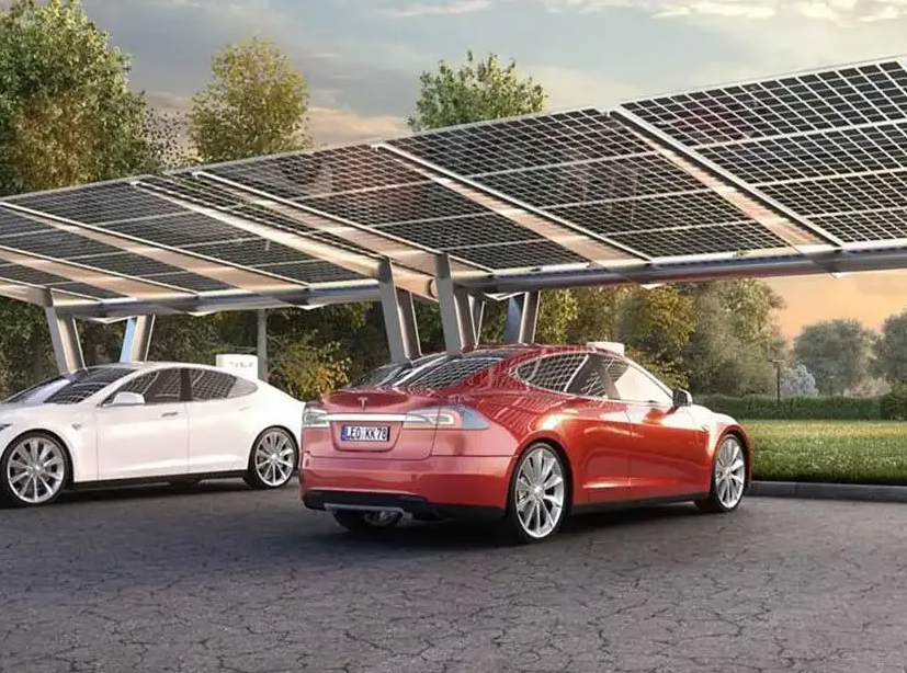 Modern parking lot with solar canopy rows