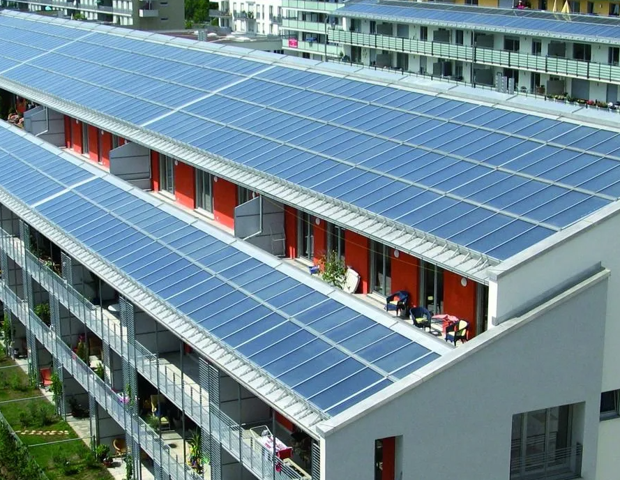 Architectural rooftop with integrated photovoltaic design overlooking the French Riviera
