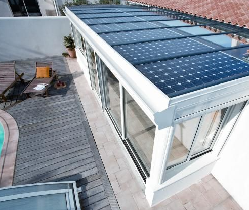 Detailed solar installation view above a boutique hotel with technical planning layout