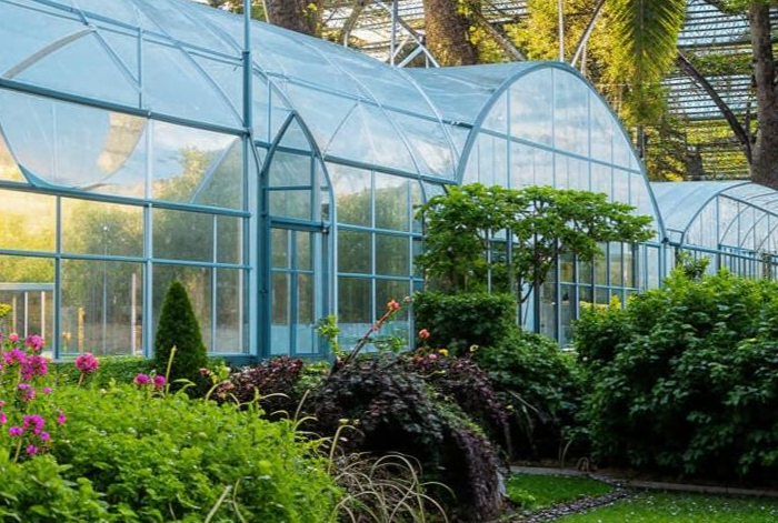 Urban greenhouse service consultation with shelves, lights and plants